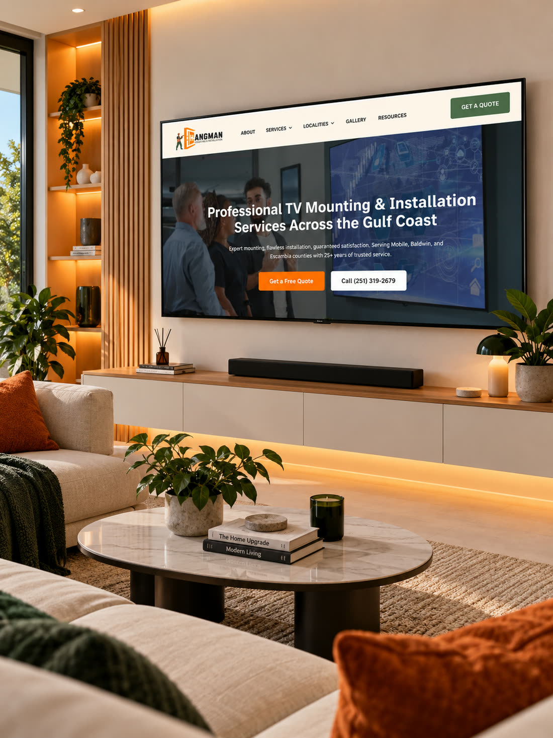 The Hangman Mounting and Installation website shown on a wall-mounted TV
