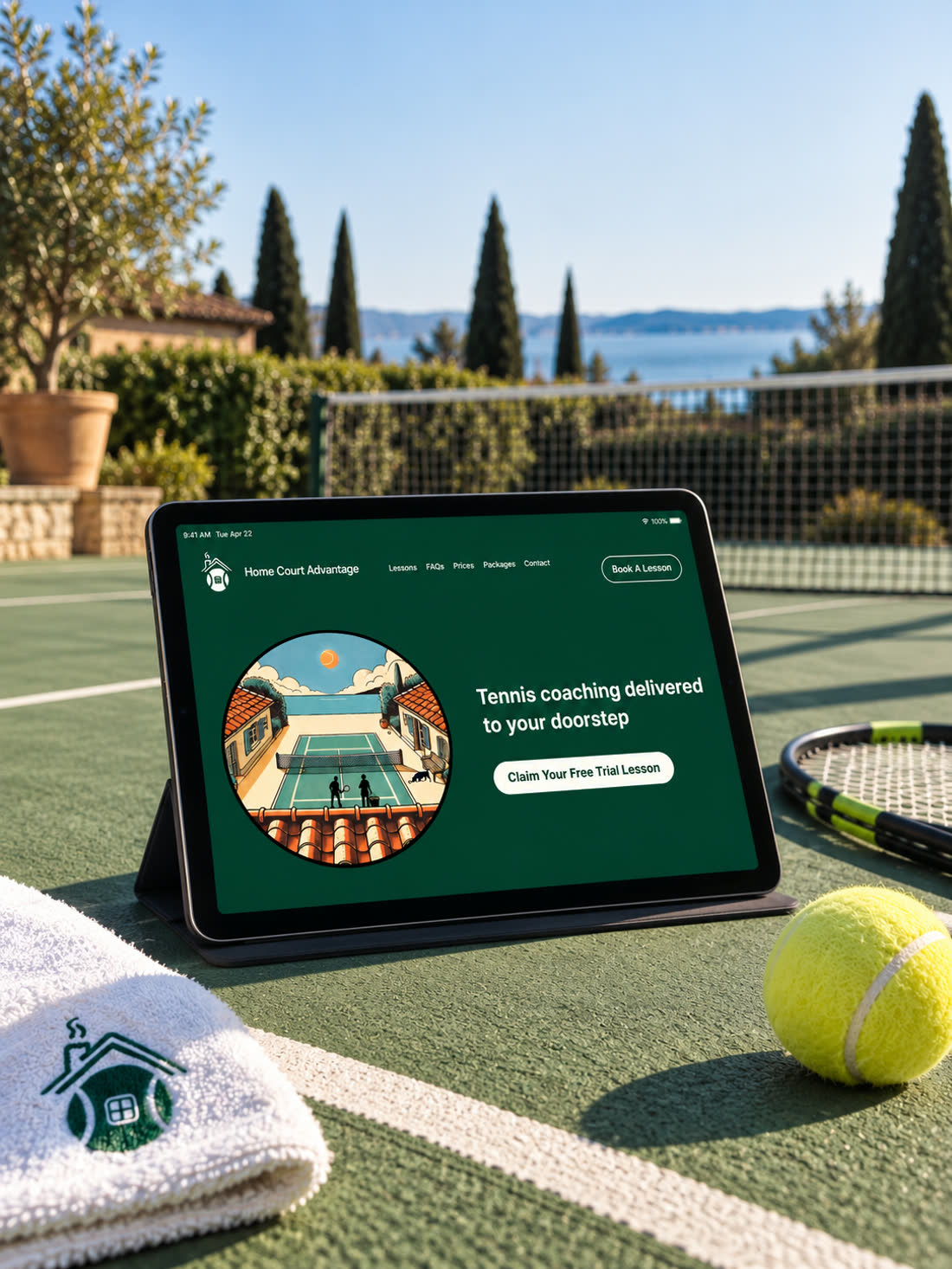 The Home Court Advantage website shown on a tablet