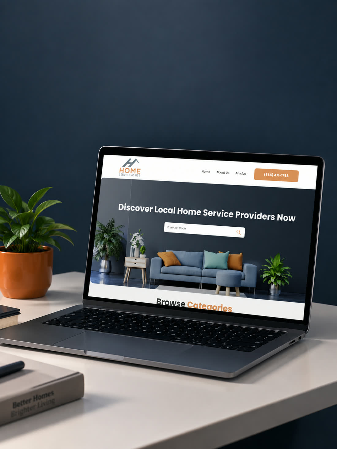 The Home Service Assist website shown on a laptop