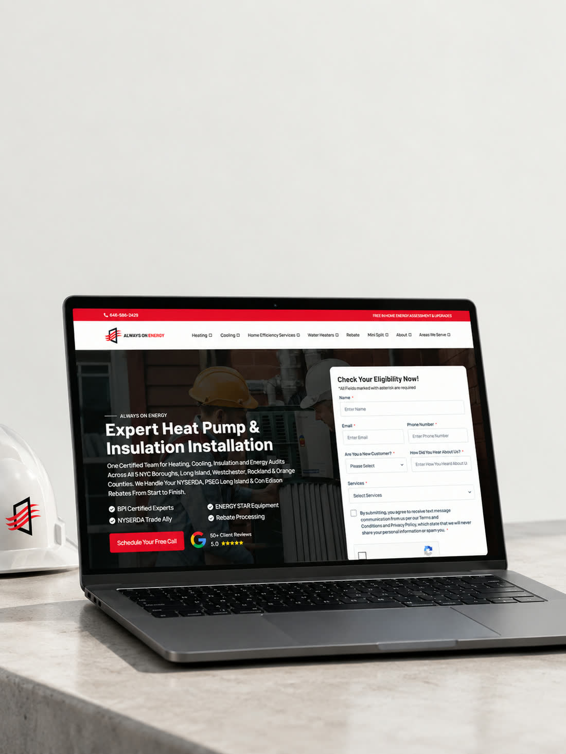 An HVAC company website shown on a laptop