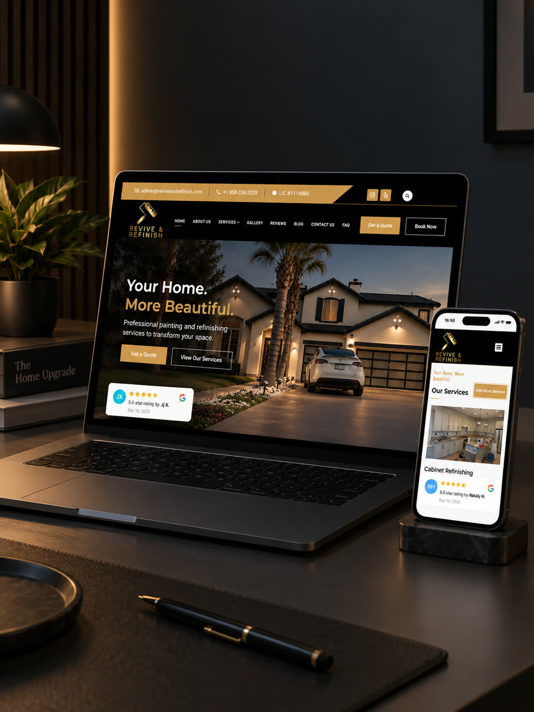 The Revive and Refinish website shown on a laptop and phone
