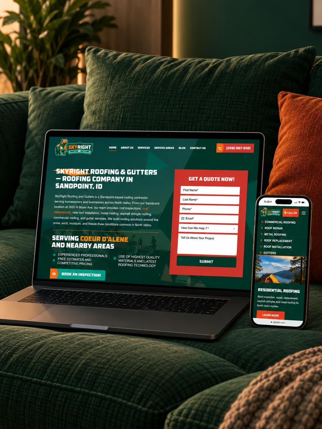 The SkyRight Roofing and Gutters website shown on a laptop and a phone