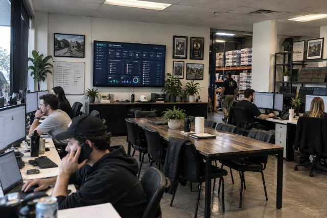 The floor of a roofing company office: staff on phones and screens, a sales operations board on the wall and the material warehouse through the doorway