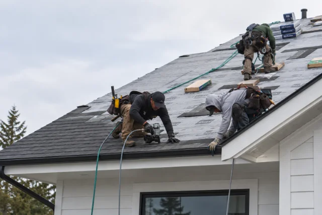Three roofers laying shingles on a steep roof under flat overcast light, nail guns and harnesses
