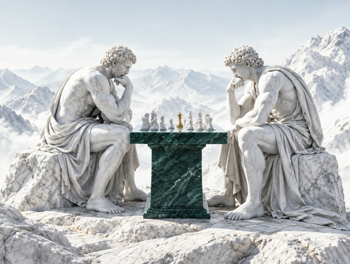 Two white marble figures seated on a white marble mountain, studying an emerald chess board between them.