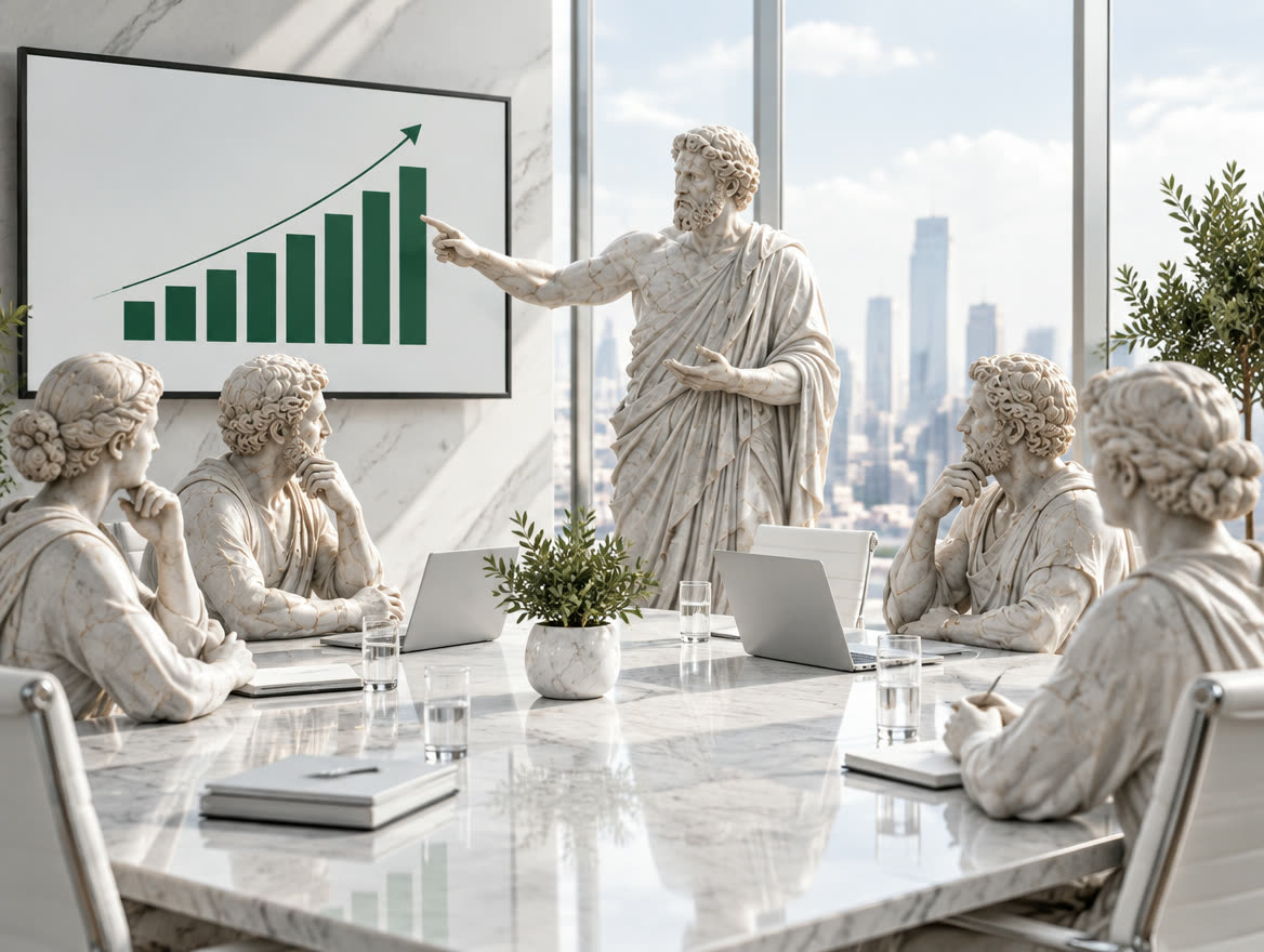 A marble figure presenting a rising chart of leads to a boardroom of marble figures.