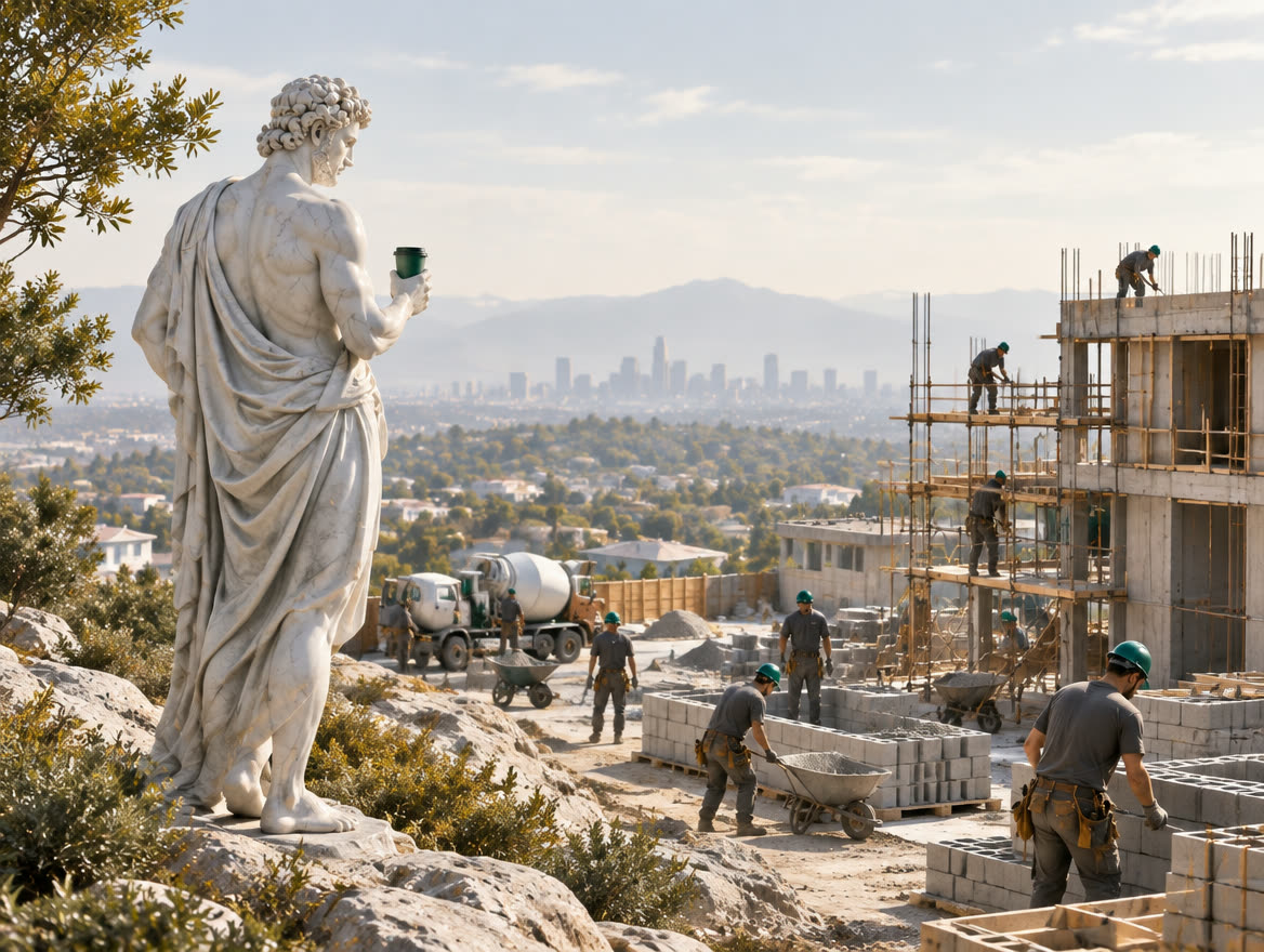 A marble figure with a coffee overlooking a construction site, crews at work below.