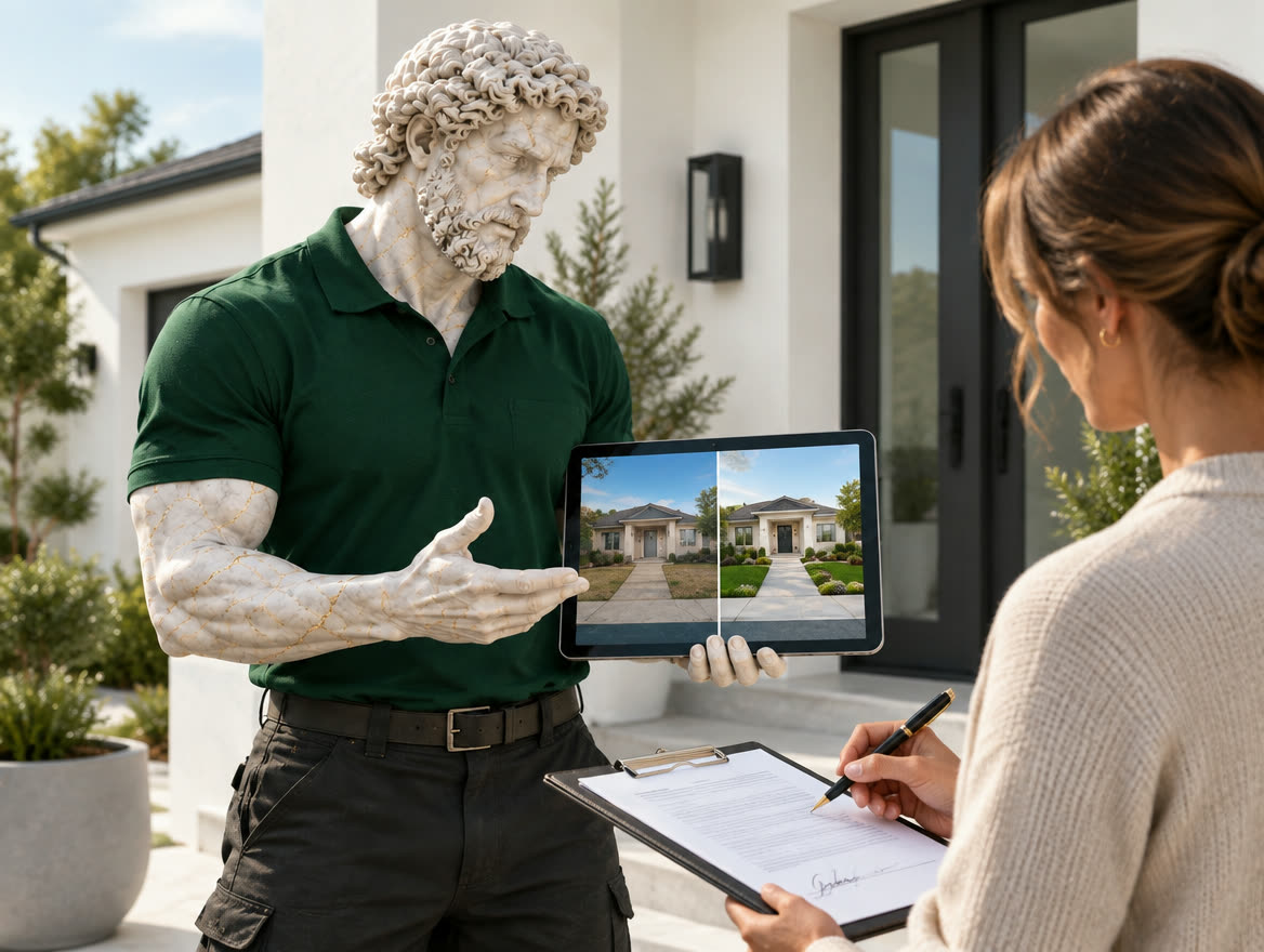 A marble figure in a green work polo showing a homeowner a before and after on a tablet as she signs.